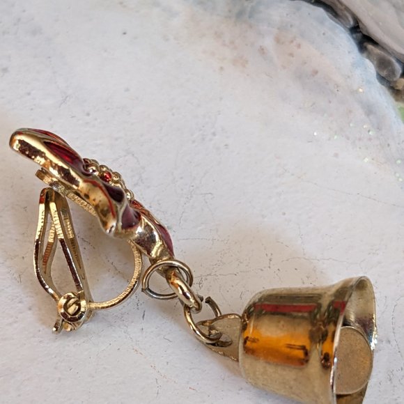 Dainty Christmas Clip On Earrings Bell Hangs From Enamel Painted Poinsettia - Picture 3 of 6